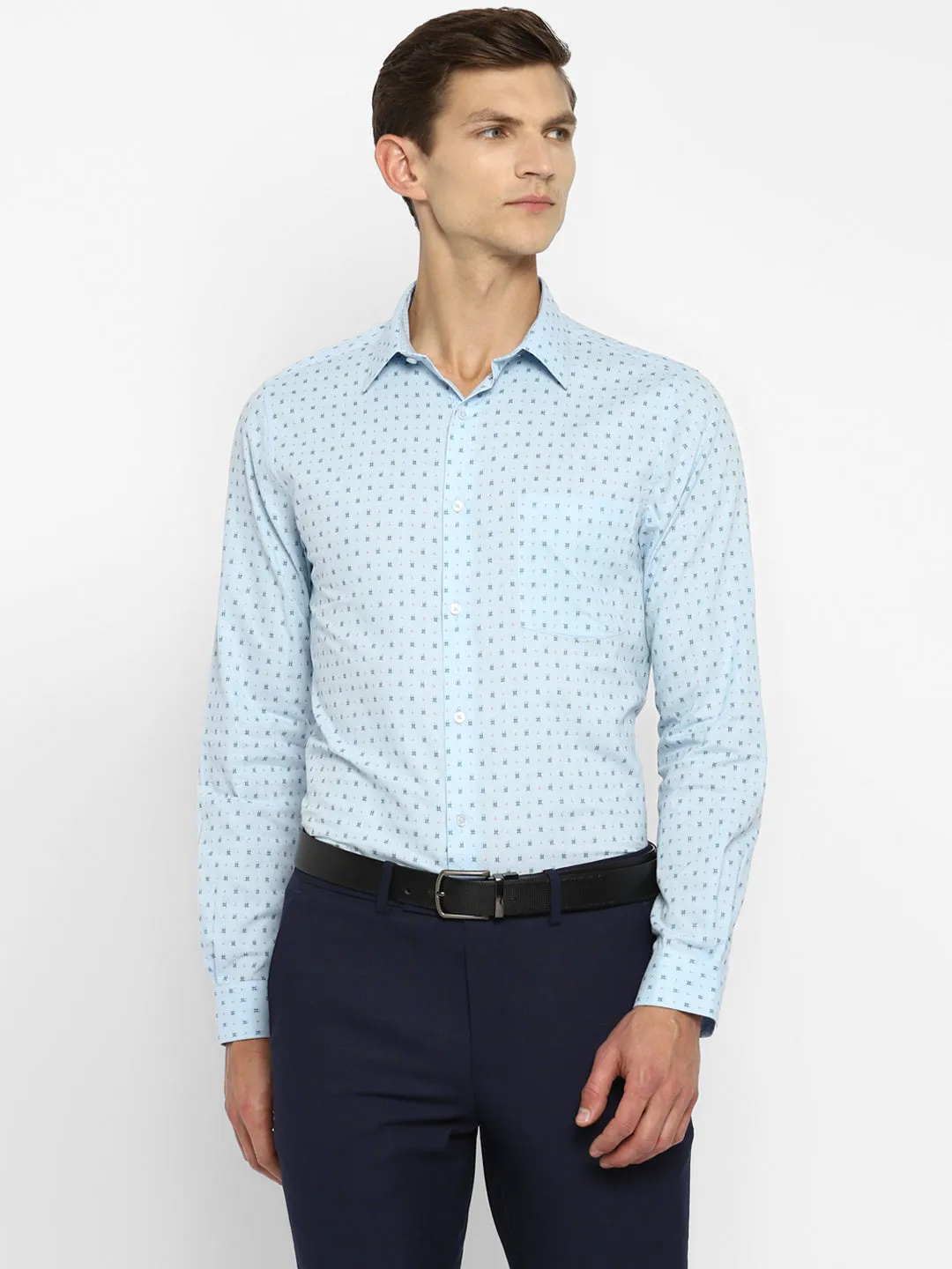 Sky Blue Linen Printed Slim Fit Shirts