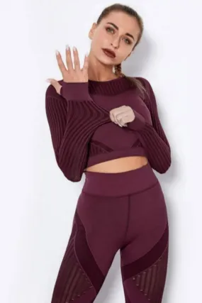 Tummy Control High Waist Seamless Top And Leggings 2 Piece Set - Wine Red