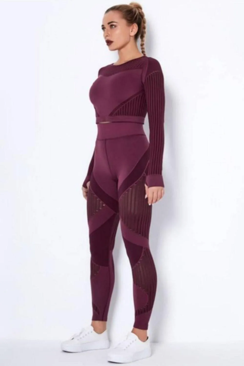 Tummy Control High Waist Seamless Top And Leggings 2 Piece Set - Wine Red