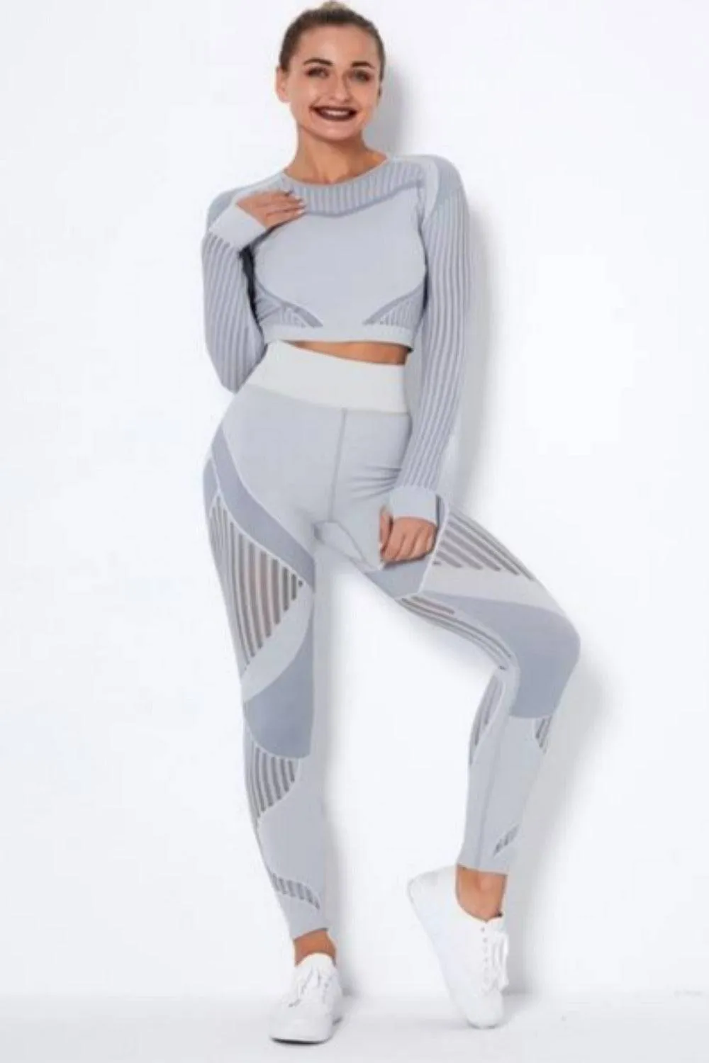 Tummy Control High Waist Seamless Yoga Top And Leggings 2 Piece Set - Light Gray