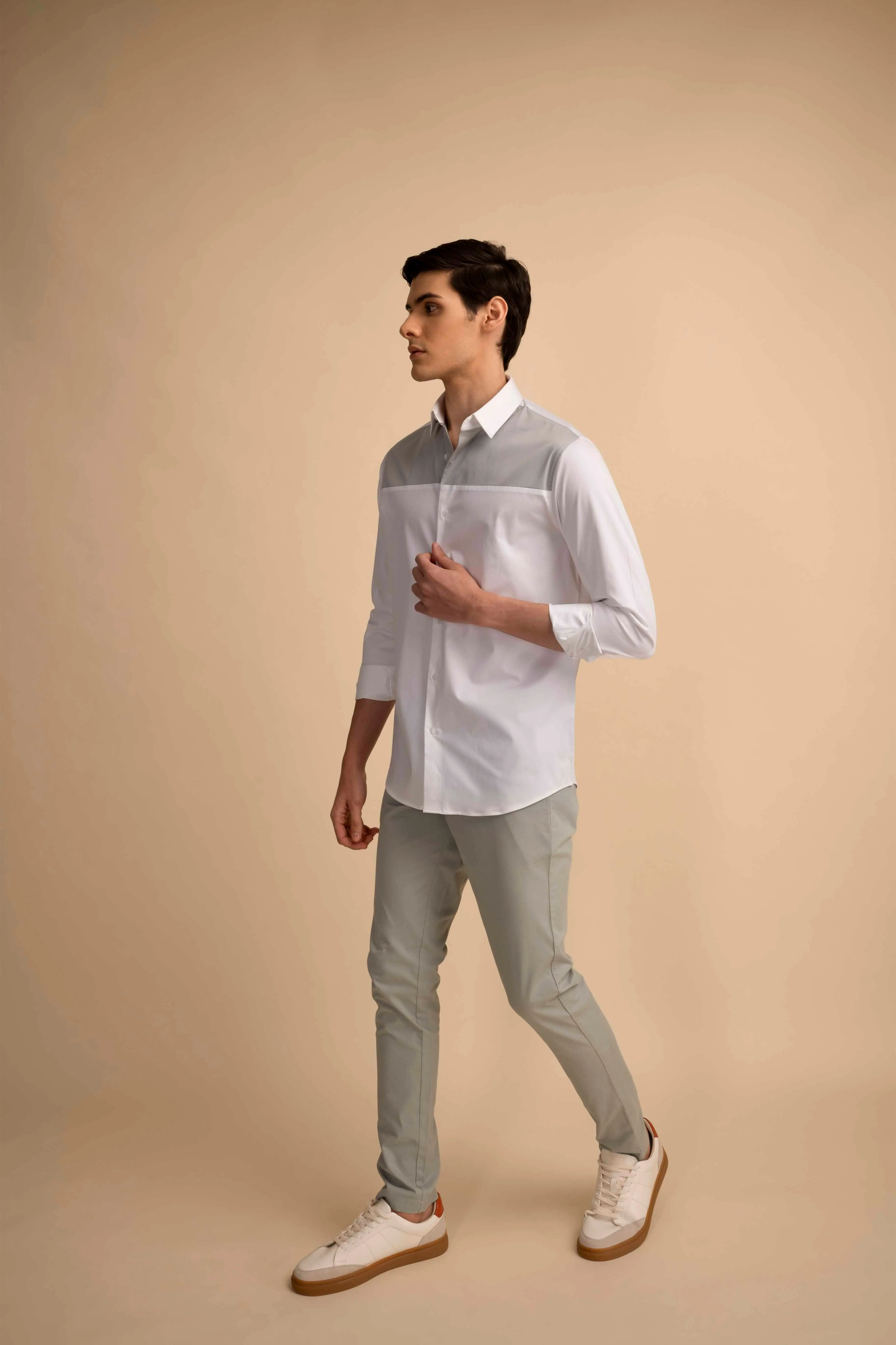 White Grey Panel Stretch Satin Shirt