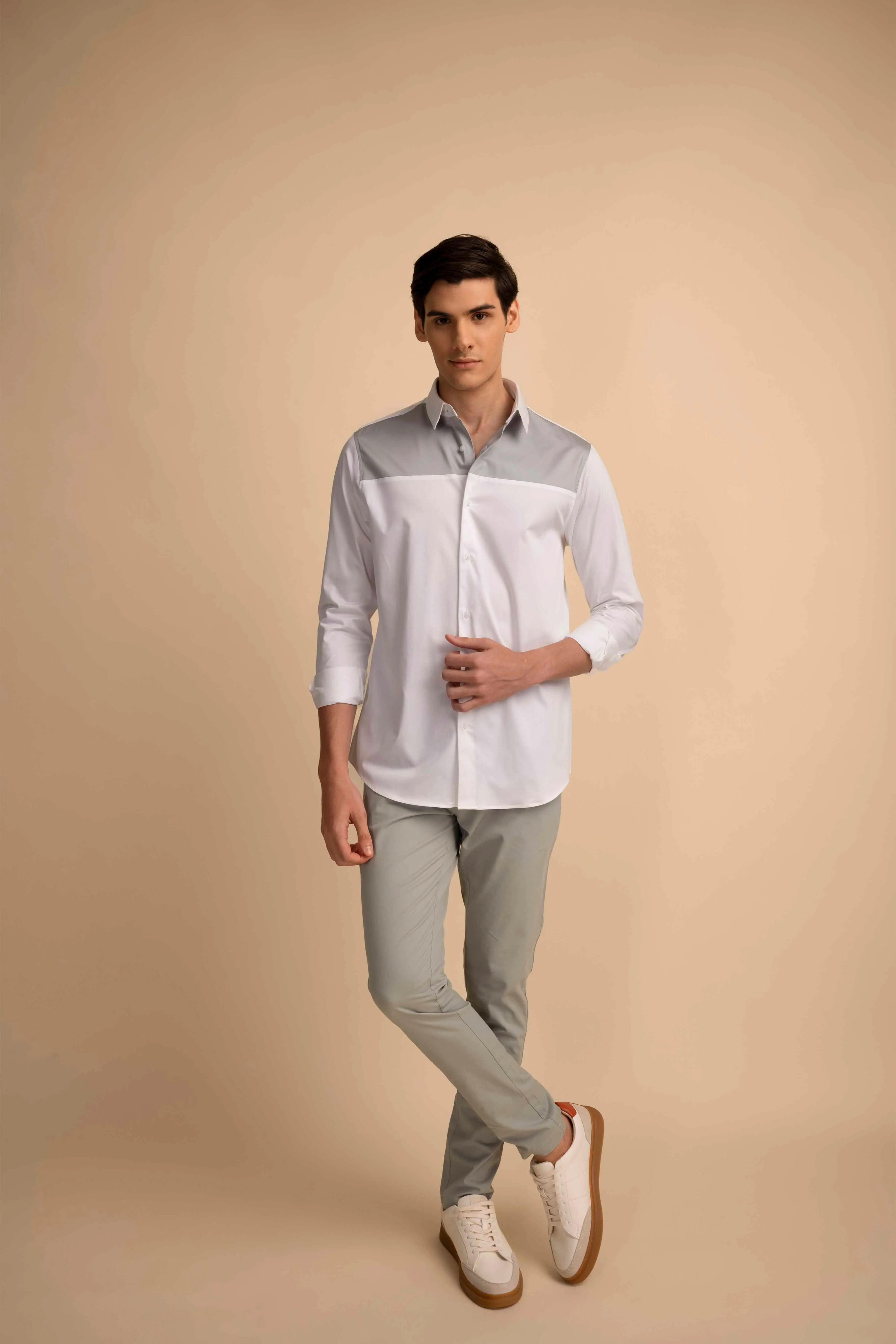 White Grey Panel Stretch Satin Shirt