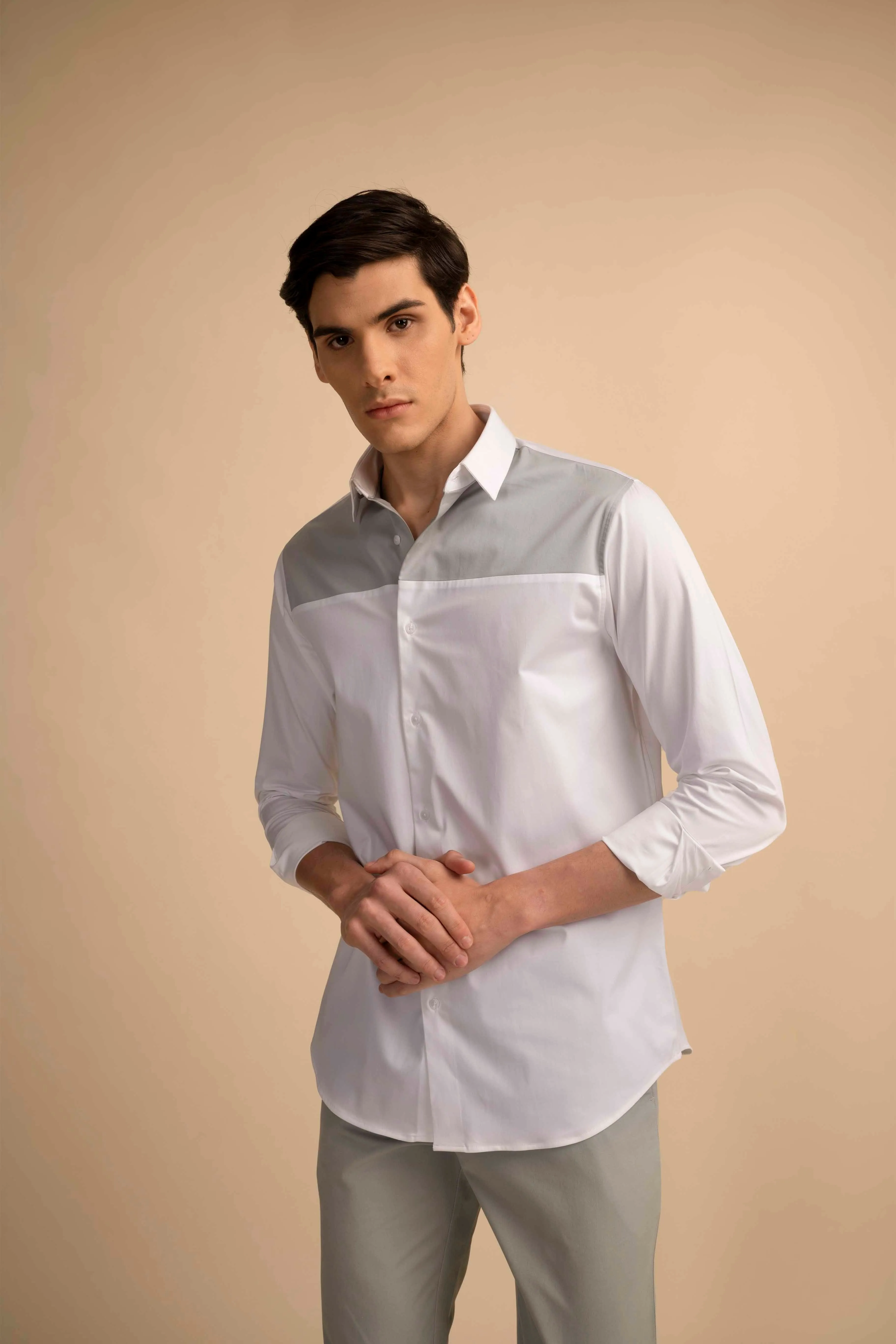 White Grey Panel Stretch Satin Shirt