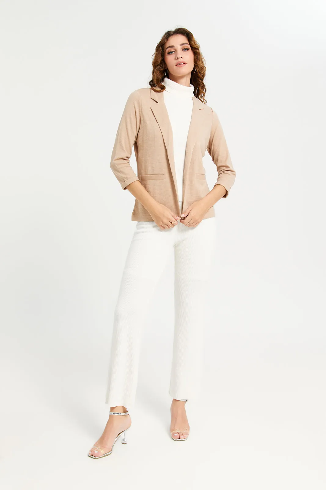 Women Beige Jacquard Knitted Lapel Collared Blazer