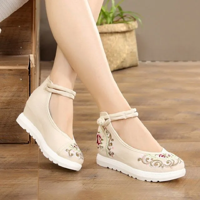 Women Canvas Increasing Height Ankle Strap Spring Autumn Shoes