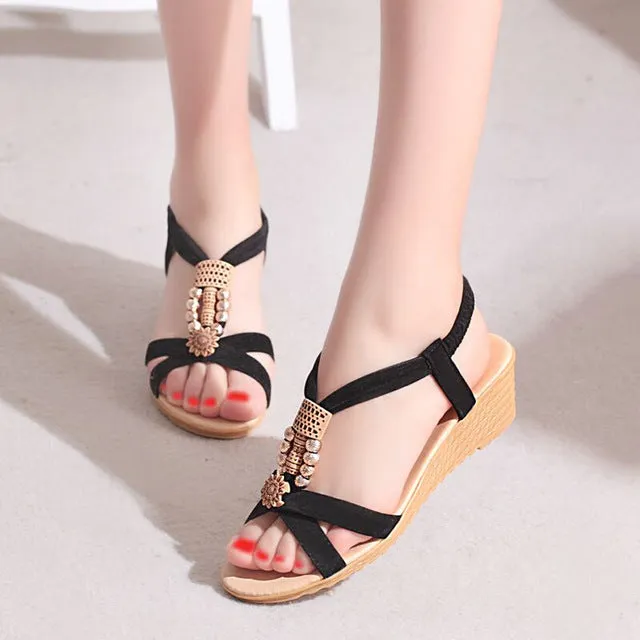 Women Sandals Summer New Casual Wedge Sandals Crok Bohemian String Bead Women Shoes Concise Ladies Sandals