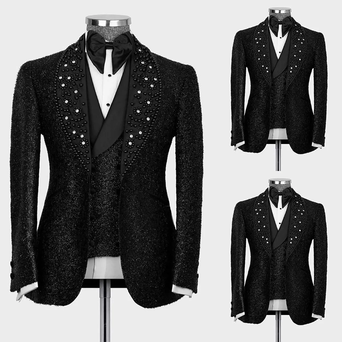 xiangtuibao Sparkling Black Men Suit 2 Pieces Business Blazer Pants One Button Sequins Pearls Wedding Groom Work Wear Party Causal Tailored